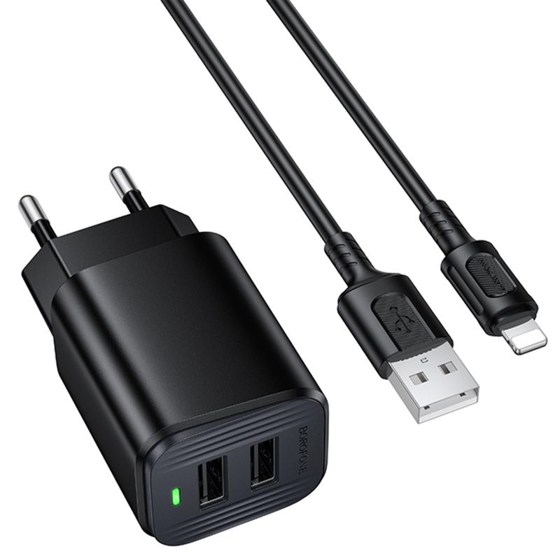 Мережевий зарядний пристрій Borofone BAS81A Star 10.5W (2×USB-A) + кабель USB to Lightning Black