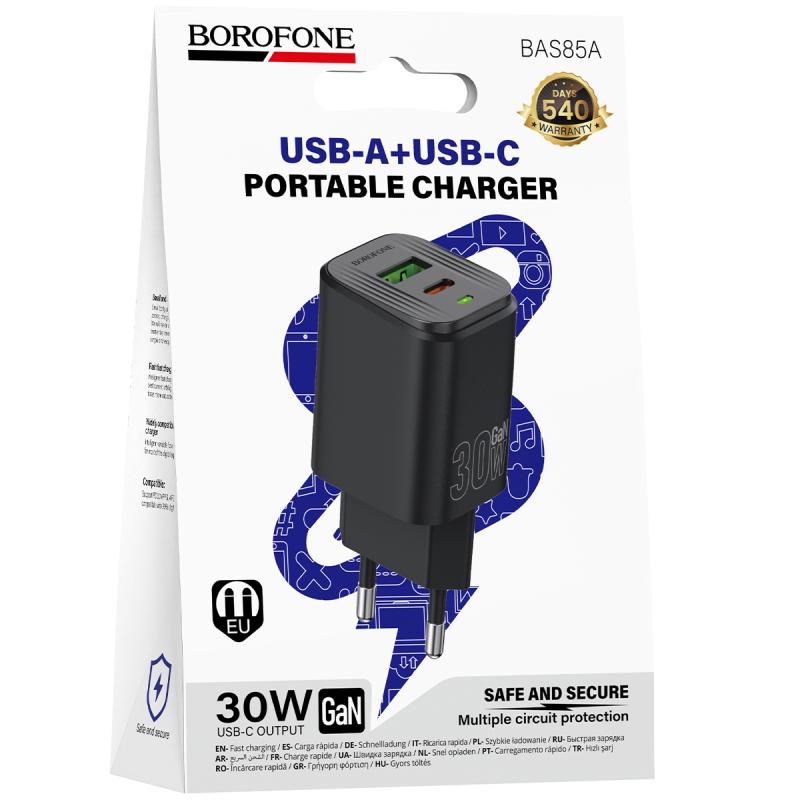 Мережевий зарядний пристрій Borofone BAS85A Star PD 30W + QC 3.0 (1×USB-A / 1×USB-C) Black