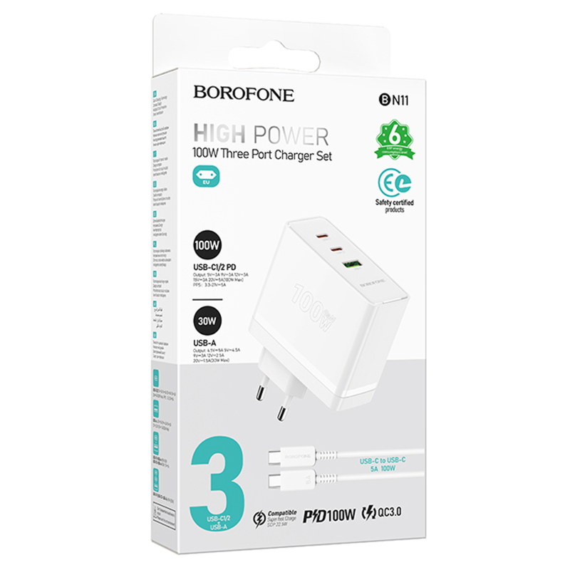 Мережевий зарядний пристрій Borofone BN11 Imperial PD 100W + QC 3.0 (1×USB-A / 2×USB-C) + кабель USB-C → USB-C White