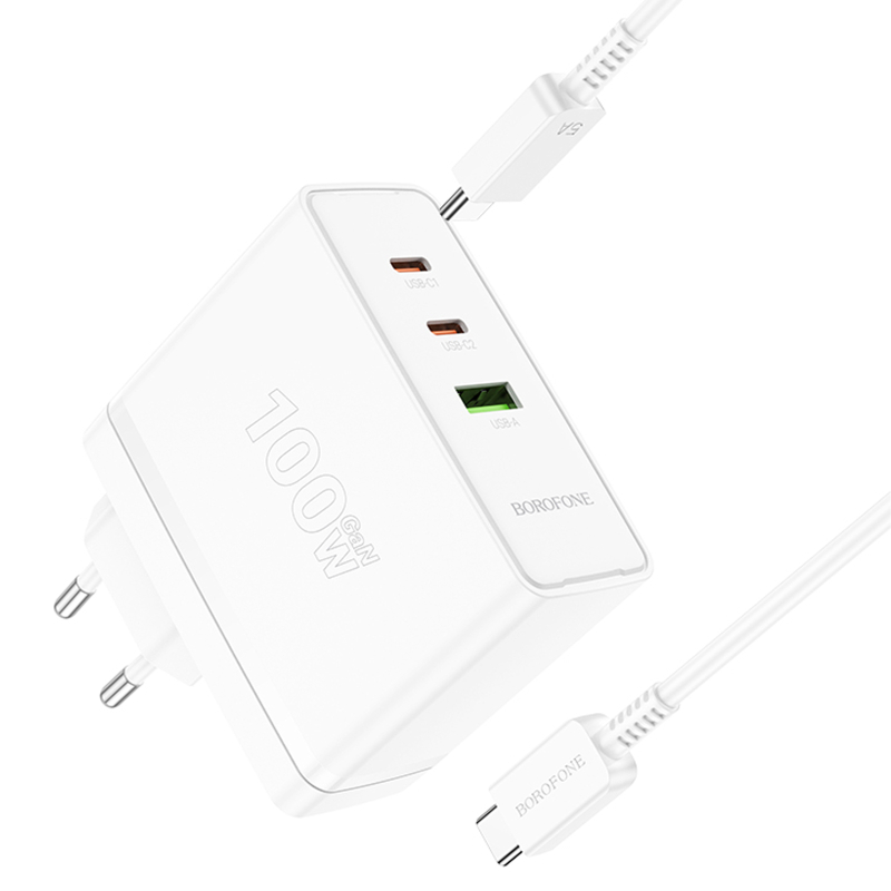 Мережевий зарядний пристрій Borofone BN11 Imperial PD 100W + QC 3.0 (1×USB-A / 2×USB-C) + кабель USB-C → USB-C White