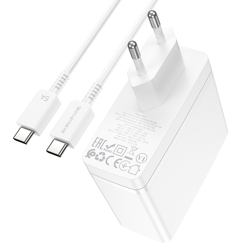 Мережевий зарядний пристрій Borofone BN11 Imperial PD 100W + QC 3.0 (1×USB-A / 2×USB-C) + кабель USB-C → USB-C White