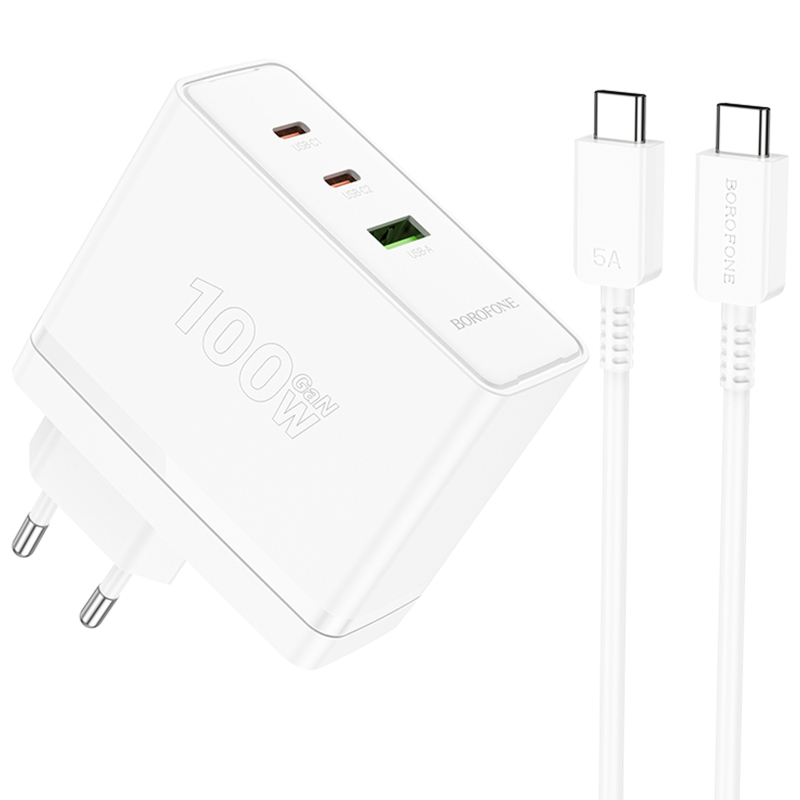Мережевий зарядний пристрій Borofone BN11 Imperial PD 100W + QC 3.0 (1×USB-A / 2×USB-C) + кабель USB-C → USB-C White