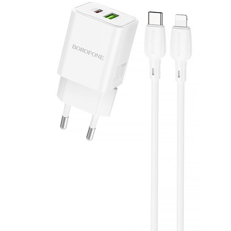 Мережевий зарядний пристрій Borofone BN14 Royal PD 30W + QC 3.0 (1×USB-A / 1×USB-C) + кабель USB-C → Lightning White