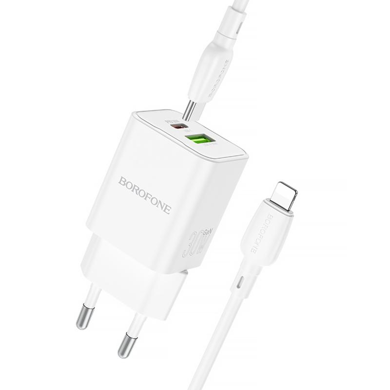 Мережевий зарядний пристрій Borofone BN14 Royal PD 30W + QC 3.0 (1×USB-A / 1×USB-C) + кабель USB-C → Lightning White