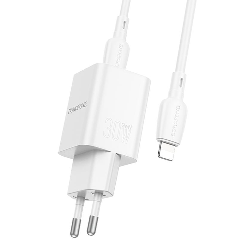 Мережевий зарядний пристрій Borofone BN14 Royal PD 30W + QC 3.0 (1×USB-A / 1×USB-C) + кабель USB-C → Lightning White