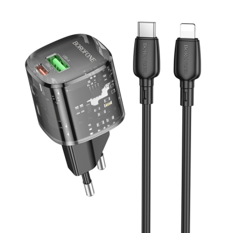 Мережевий зарядний пристрій Borofone BN17 Sunlight PD 20W + QC 3.0 (1×USB-A / 1×USB-C) + кабель USB-C → Lightning Transparent black