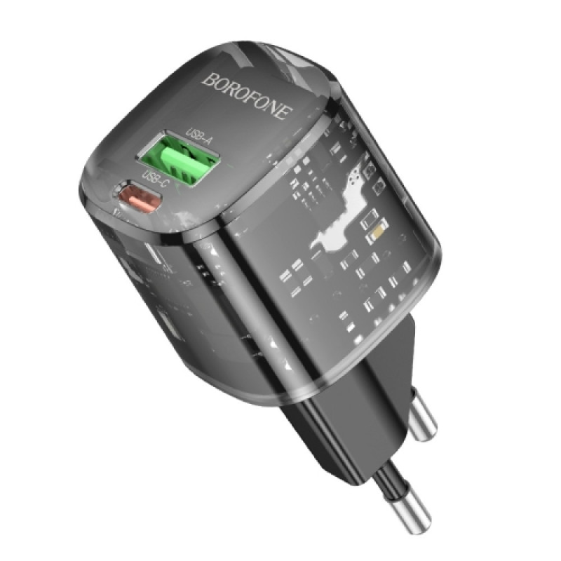 Мережевий зарядний пристрій Borofone BN17 Sunlight PD 20W + QC 3.0 (1×USB-A / 1×USB-C) Transparent black