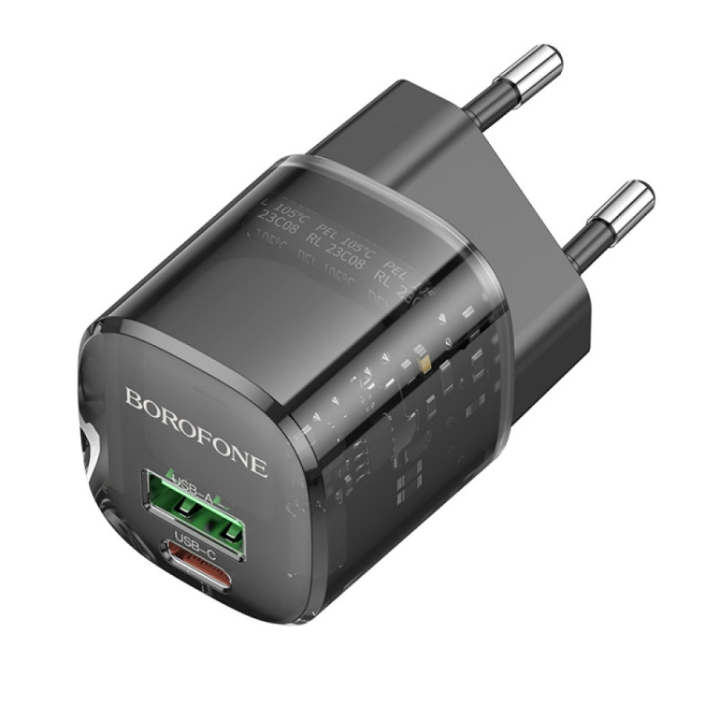 Мережевий зарядний пристрій Borofone BN17 Sunlight PD 20W + QC 3.0 (1×USB-A / 1×USB-C) Transparent black
