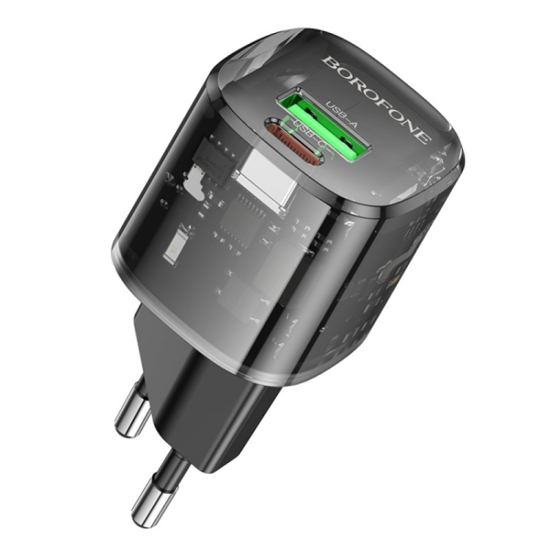 Мережевий зарядний пристрій Borofone BN17 Sunlight PD 20W + QC 3.0 (1×USB-A / 1×USB-C) Transparent black
