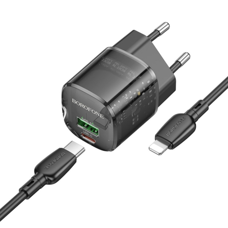 Мережевий зарядний пристрій Borofone BN17 Sunlight PD 20W + QC 3.0 (1×USB-A / 1×USB-C) + кабель USB-C → Lightning Transparent black