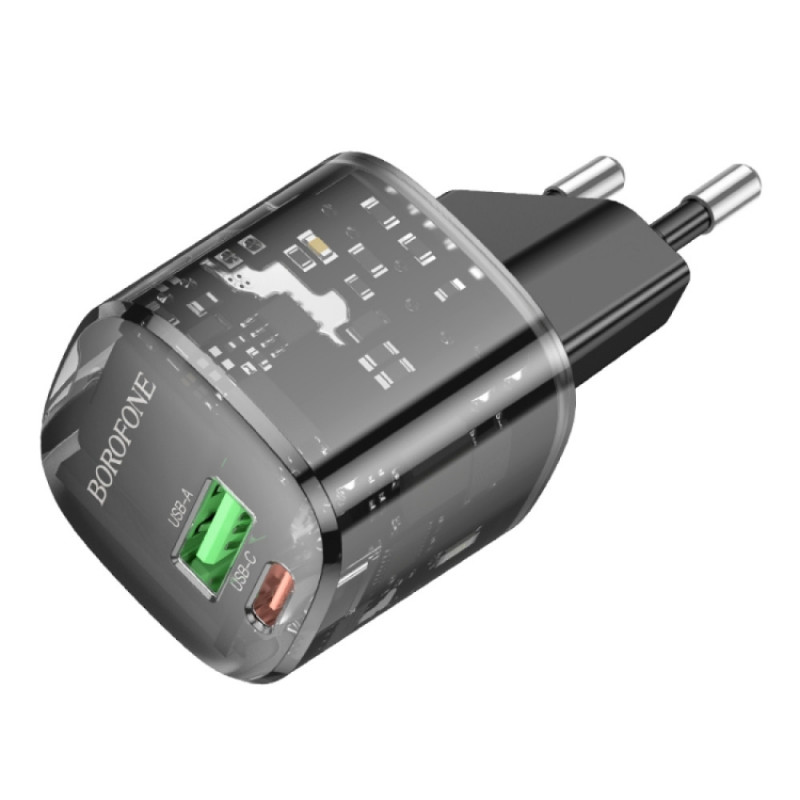 Мережевий зарядний пристрій Borofone BN17 Sunlight PD 20W + QC 3.0 (1×USB-A / 1×USB-C) Transparent black