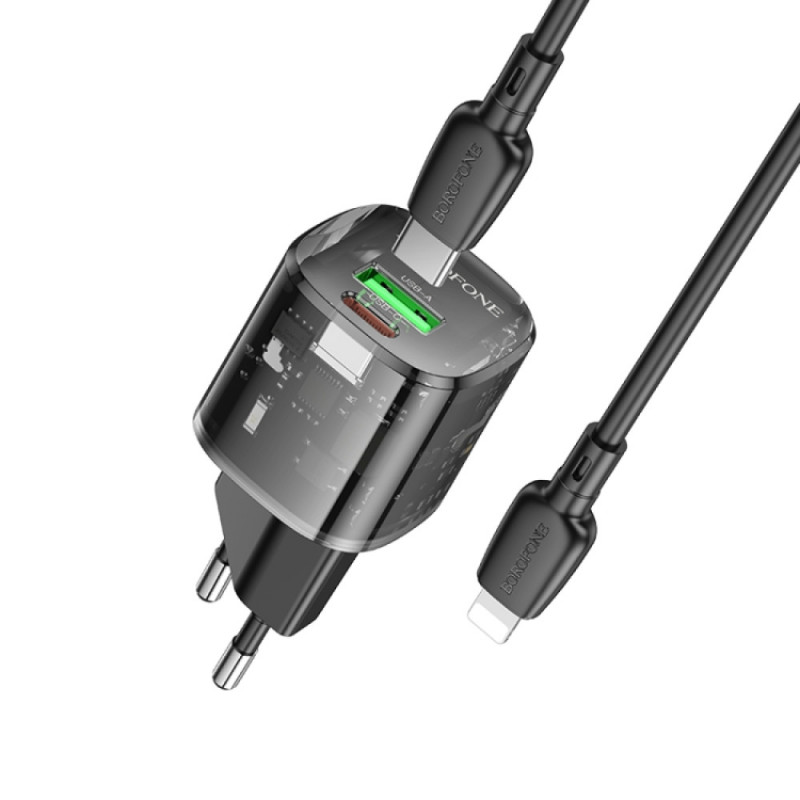 Мережевий зарядний пристрій Borofone BN17 Sunlight PD 20W + QC 3.0 (1×USB-A / 1×USB-C) + кабель USB-C → Lightning Transparent black