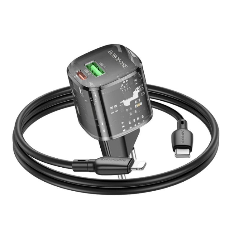 Мережевий зарядний пристрій Borofone BN17 Sunlight PD 20W + QC 3.0 (1×USB-A / 1×USB-C) + кабель USB-C → Lightning Transparent black