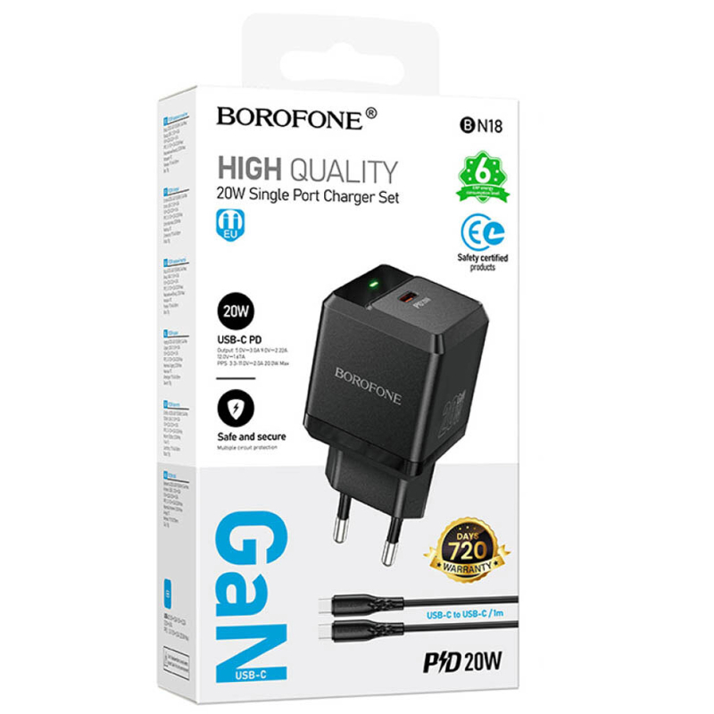 Мережевий зарядний пристрій Borofone BN18 Intenso PD 20W (1×USB-C) + кабель USB-C → USB-C Black