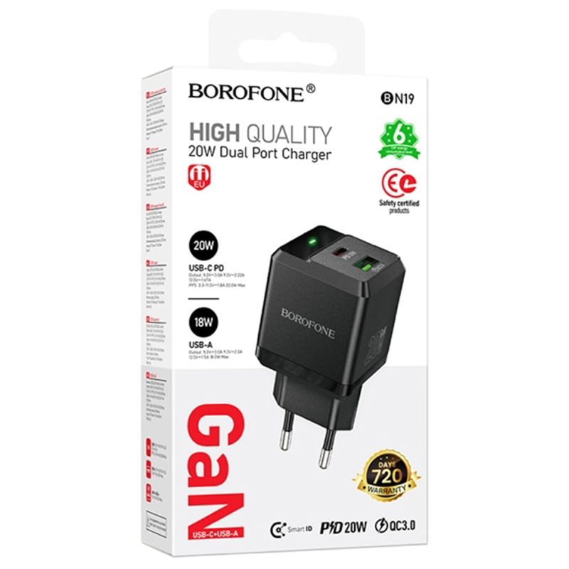 Мережевий зарядний пристрій Borofone BN19 Intenso PD 20W + QC 3.0 (1×USB-A / 1×USB-C) Black