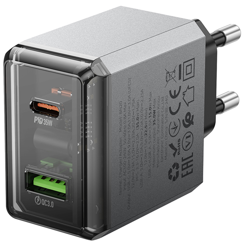 Мережевий зарядний пристрій Borofone BN20 Lena PD 35W + QC 3.0 (1×USB-A / 1×USB-C) Metal gray