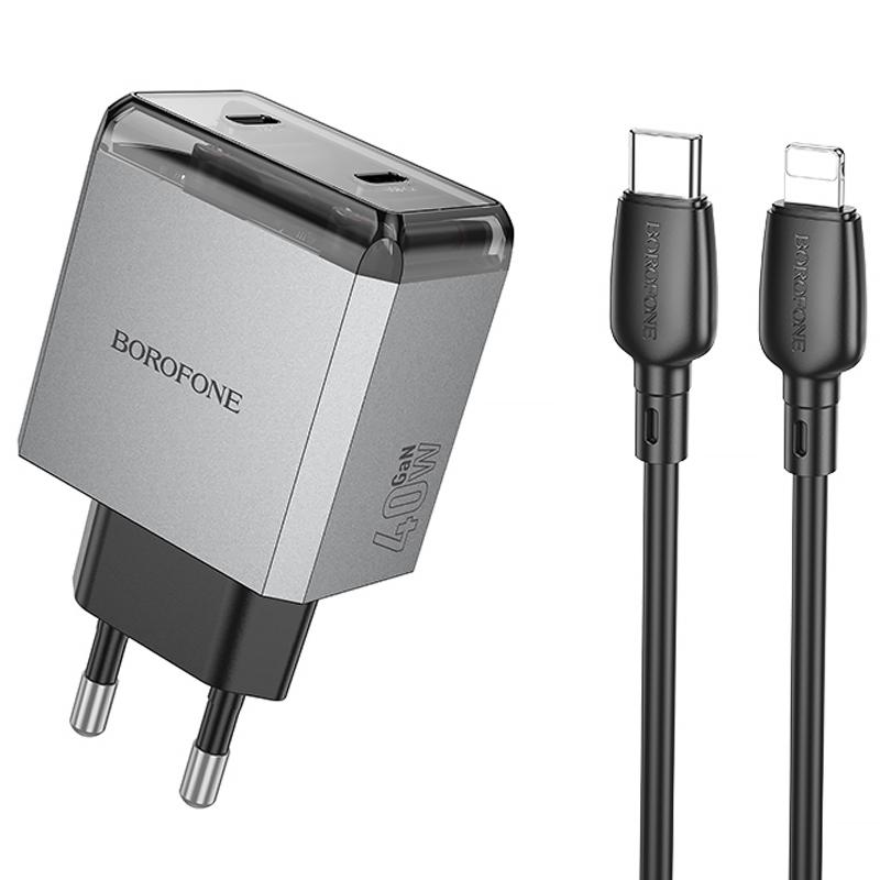 Мережевий зарядний пристрій Borofone BN21 Lena PD 40W + QC 3.0 (2×USB-C) + кабель USB-C → Lightning Metal gray