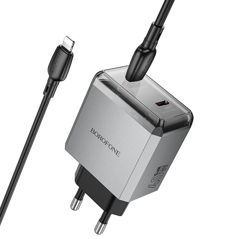 Мережевий зарядний пристрій Borofone BN21 Lena PD 40W + QC 3.0 (2×USB-C) + кабель USB-C → Lightning Metal gray