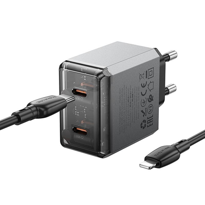 Мережевий зарядний пристрій Borofone BN21 Lena PD 40W + QC 3.0 (2×USB-C) + кабель USB-C → Lightning Metal gray