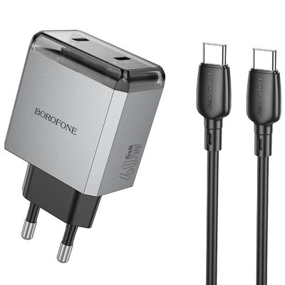 МЗП Borofone BN21 Lena PD40W+QC3.0 (2USB-C) + кабель Type-C to Type-C Metal gray