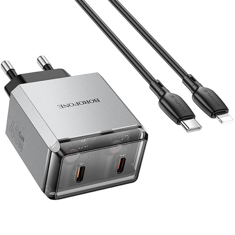 Мережевий зарядний пристрій Borofone BN21 Lena PD 40W + QC 3.0 (2×USB-C) + кабель USB-C → Lightning Metal gray