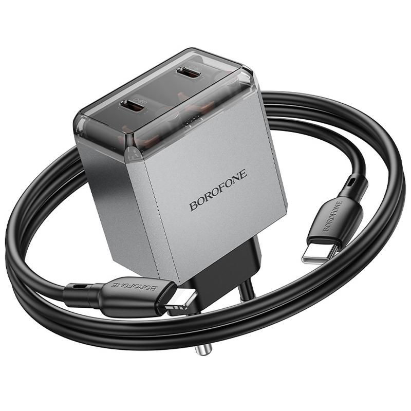 Мережевий зарядний пристрій Borofone BN21 Lena PD 40W + QC 3.0 (2×USB-C) + кабель USB-C → Lightning Metal gray