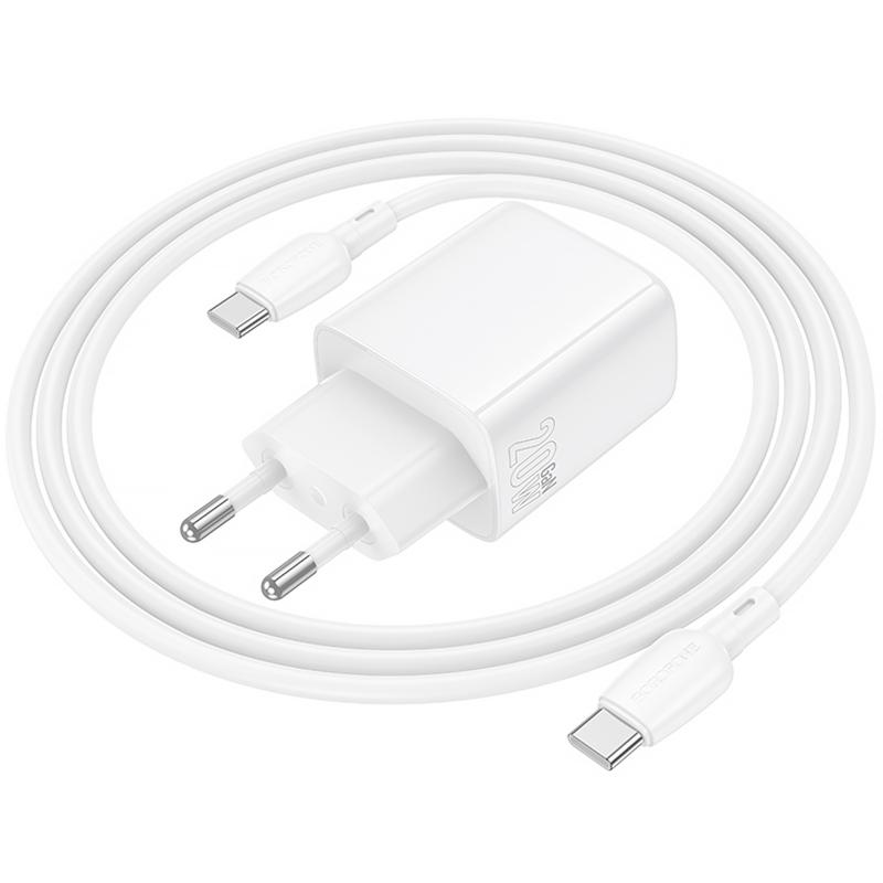 Мережевий зарядний пристрій Borofone BN27 Fuente PD 20W + QC 3.0 (1×USB-A / 1×USB-C) + кабель USB-C → USB-C White