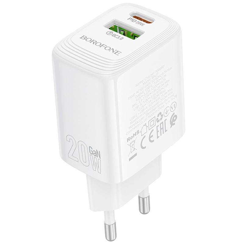 Мережевий зарядний пристрій Borofone BN27 Fuente PD 20W + QC 3.0 (1×USB-A / 1×USB-C) White