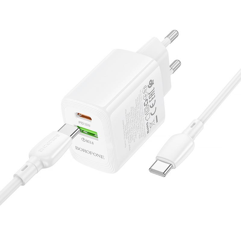 Мережевий зарядний пристрій Borofone BN27 Fuente PD 20W + QC 3.0 (1×USB-A / 1×USB-C) + кабель USB-C → USB-C White
