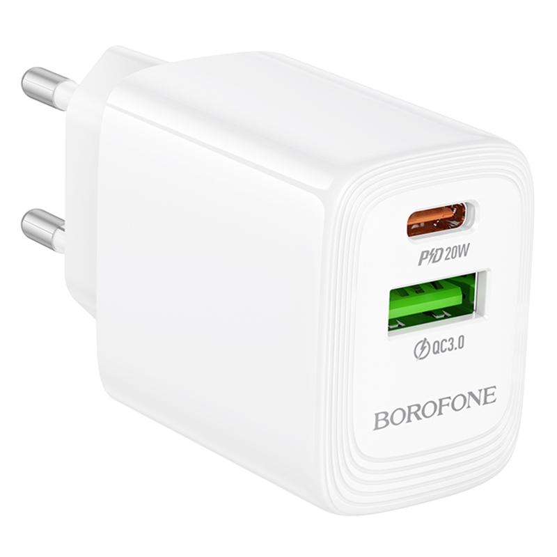 Мережевий зарядний пристрій Borofone BN27 Fuente PD 20W + QC 3.0 (1×USB-A / 1×USB-C) White