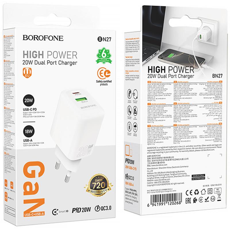 Мережевий зарядний пристрій Borofone BN27 Fuente PD 20W + QC 3.0 (1×USB-A / 1×USB-C) White