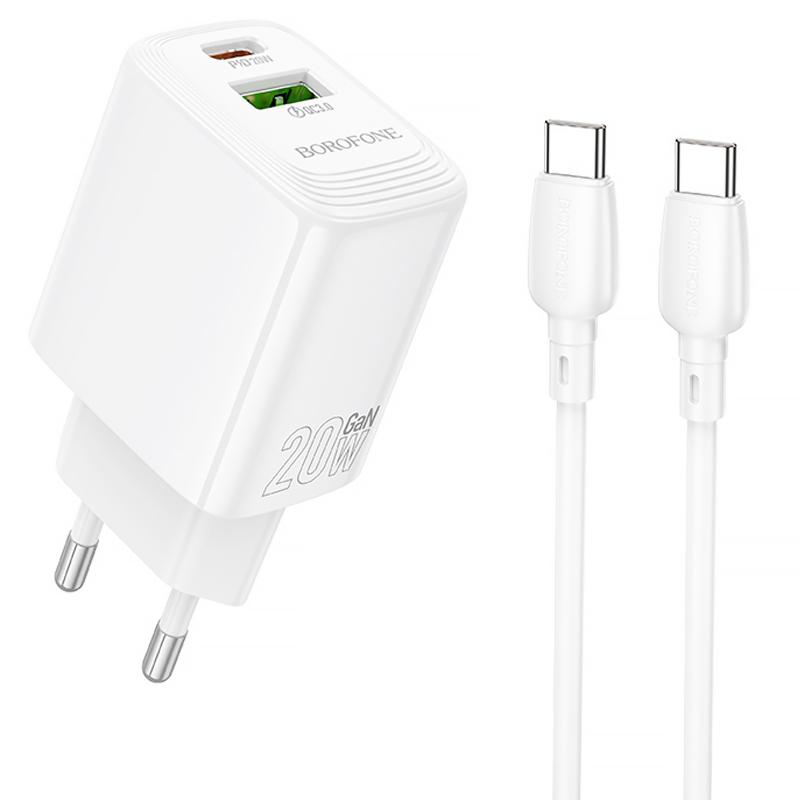 Мережевий зарядний пристрій Borofone BN27 Fuente PD 20W + QC 3.0 (1×USB-A / 1×USB-C) + кабель USB-C → USB-C White