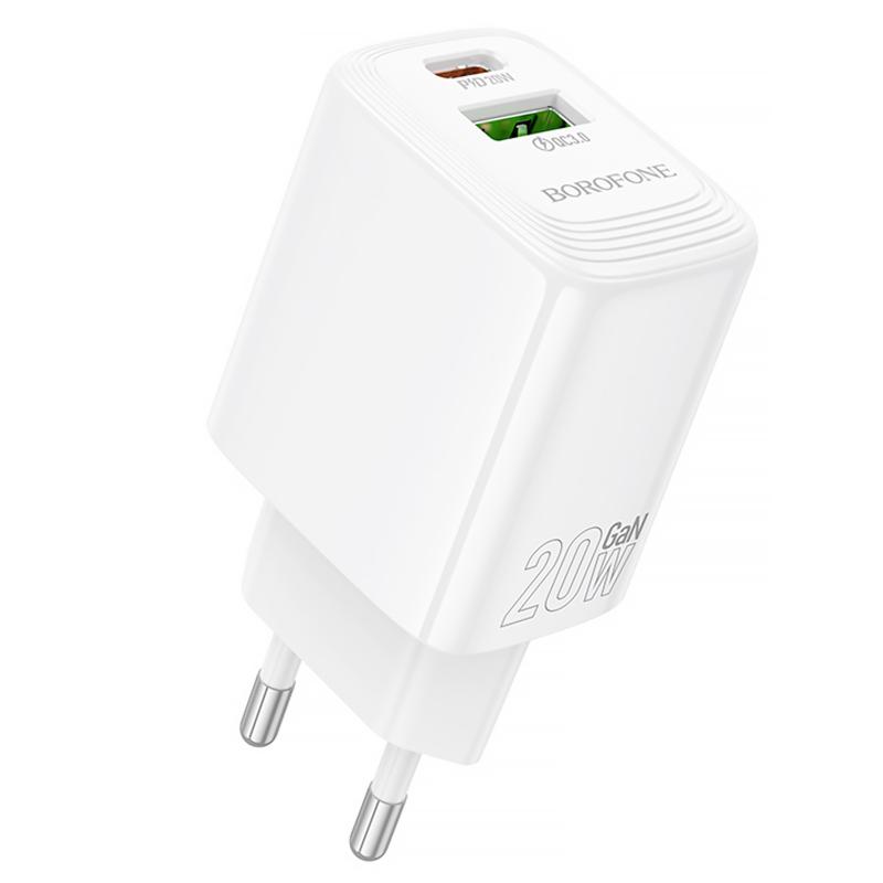 Мережевий зарядний пристрій Borofone BN27 Fuente PD 20W + QC 3.0 (1×USB-A / 1×USB-C) White