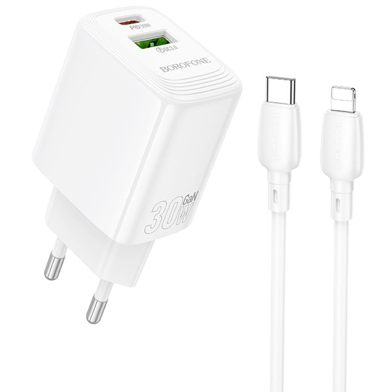 Мережевий зарядний пристрій Borofone BN29 Fuente PD 30W + QC 3.0 (1×USB-A / 1×USB-C) + кабель USB-C → Lightning White
