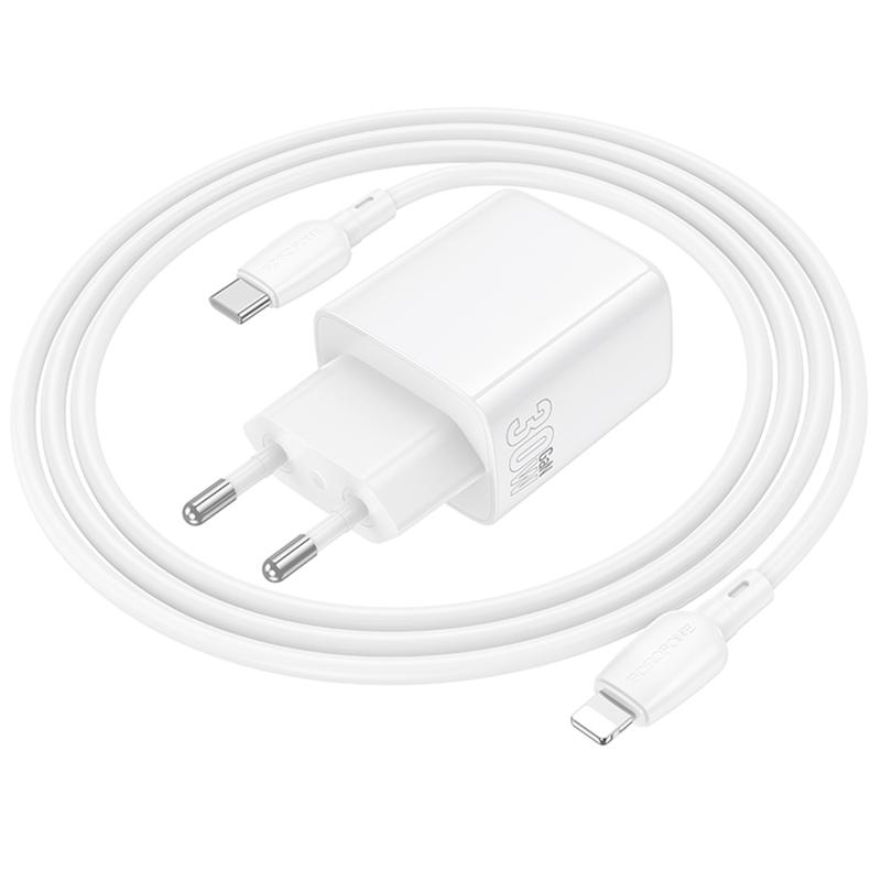 Мережевий зарядний пристрій Borofone BN29 Fuente PD 30W + QC 3.0 (1×USB-A / 1×USB-C) + кабель USB-C → Lightning White