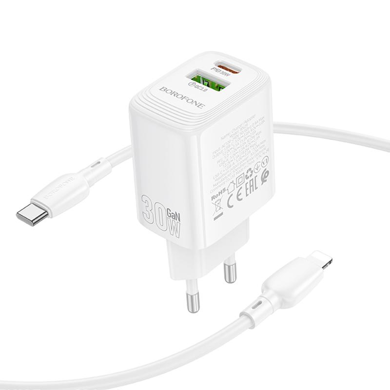 Мережевий зарядний пристрій Borofone BN29 Fuente PD 30W + QC 3.0 (1×USB-A / 1×USB-C) + кабель USB-C → Lightning White