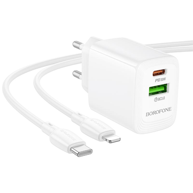 Мережевий зарядний пристрій Borofone BN29 Fuente PD 30W + QC 3.0 (1×USB-A / 1×USB-C) + кабель USB-C → Lightning White