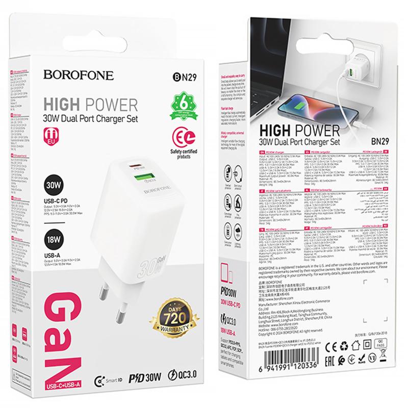 Мережевий зарядний пристрій Borofone BN29 Fuente PD 30W + QC 3.0 (1×USB-A / 1×USB-C) White