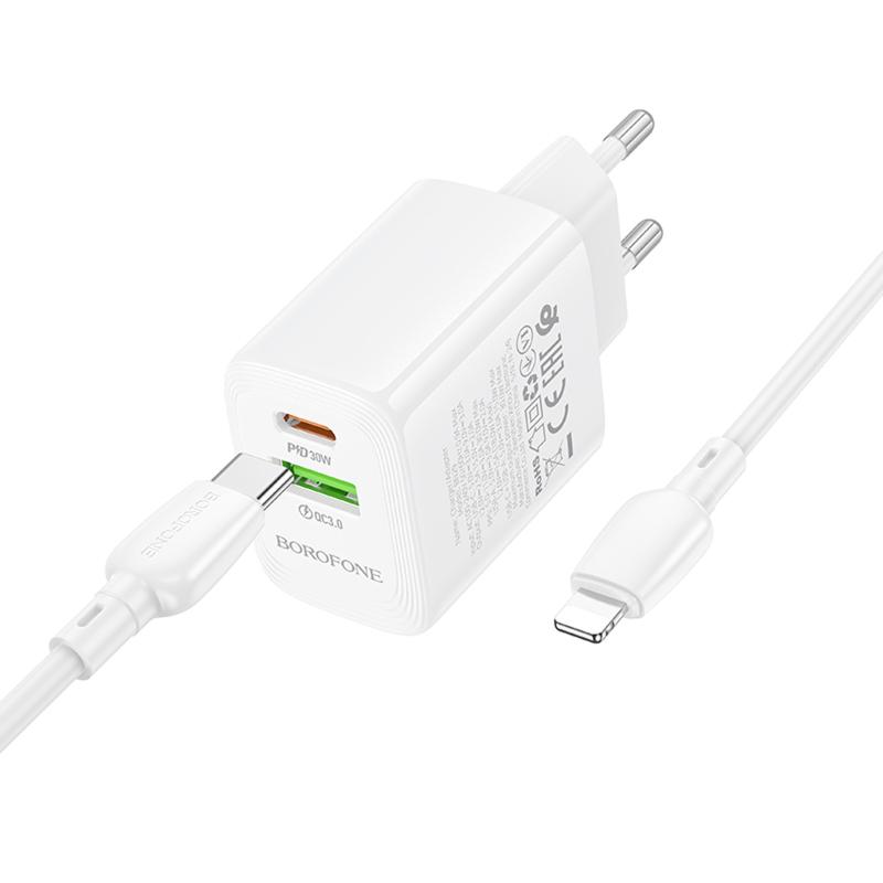 Мережевий зарядний пристрій Borofone BN29 Fuente PD 30W + QC 3.0 (1×USB-A / 1×USB-C) + кабель USB-C → Lightning White