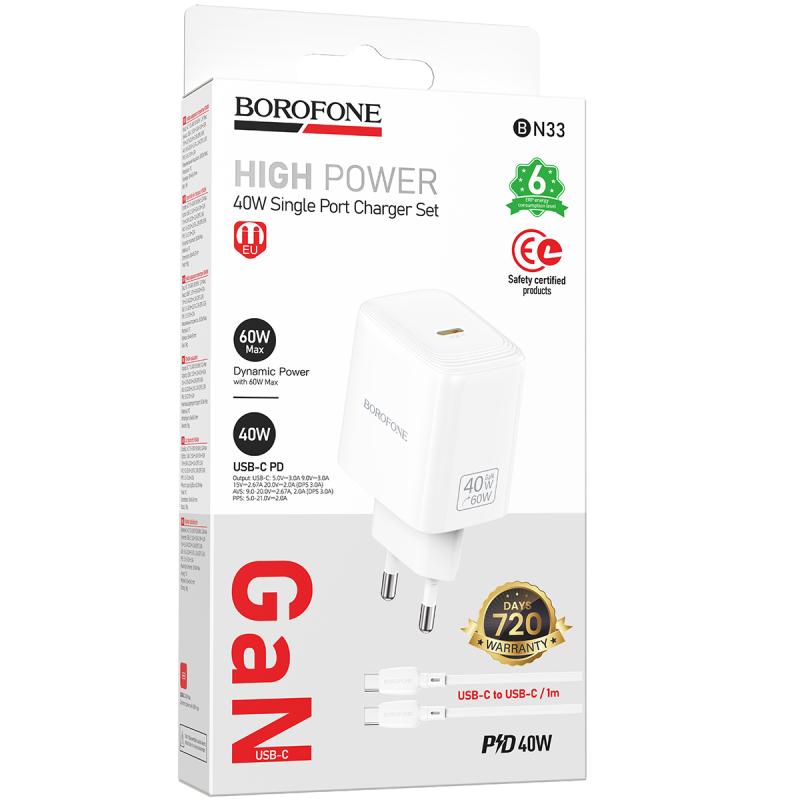 Мережевий зарядний пристрій Borofone BN33 Fuente PD 40W (1×USB-C) + кабель USB-C → USB-C White