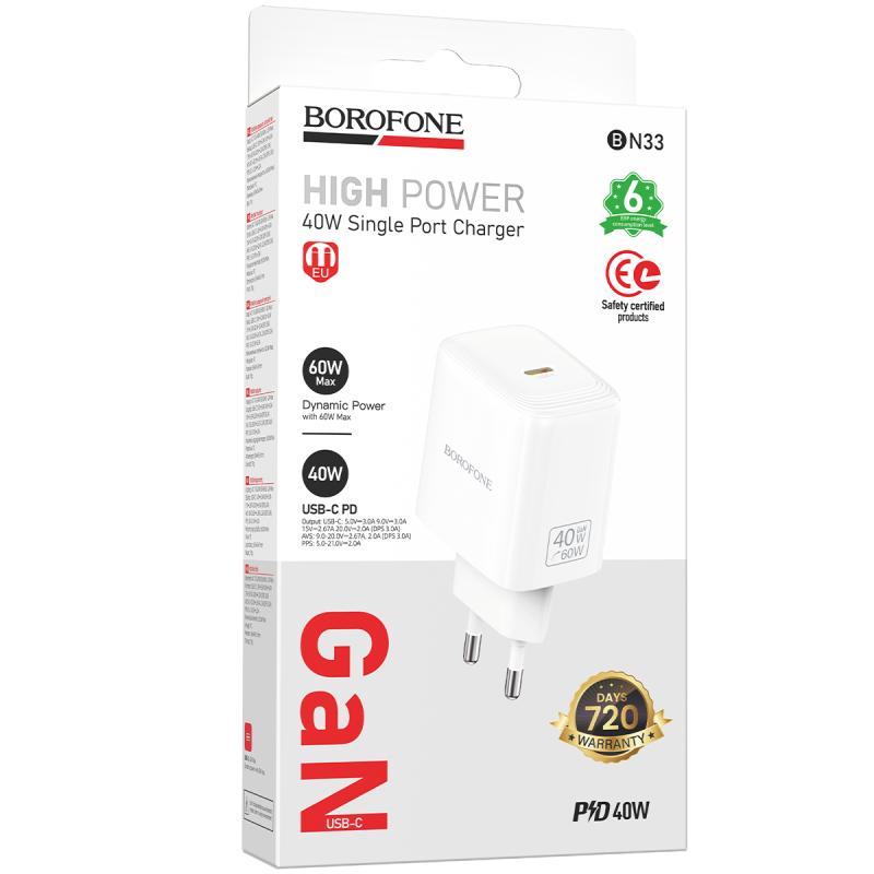 Мережевий зарядний пристрій Borofone BN33 Fuente PD 40W (1×USB-C) White