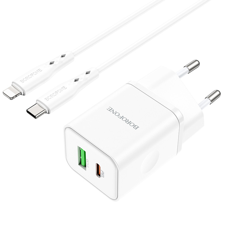 Мережевий зарядний пристрій Borofone BN7 PD 20W + QC 3.0 (1×USB-A / 1×USB-C) + кабель USB-C → Lightning White