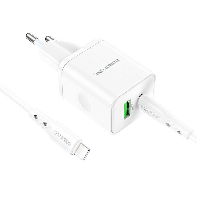Мережевий зарядний пристрій Borofone BN7 PD 20W + QC 3.0 (1×USB-A / 1×USB-C) + кабель USB-C → Lightning White