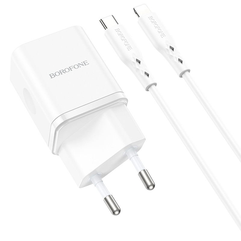 Мережевий зарядний пристрій Borofone BN7 PD 20W + QC 3.0 (1×USB-A / 1×USB-C) + кабель USB-C → Lightning White