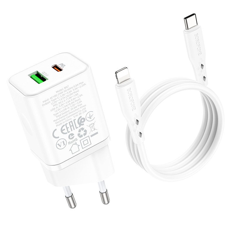 Мережевий зарядний пристрій Borofone BN7 PD 20W + QC 3.0 (1×USB-A / 1×USB-C) + кабель USB-C → Lightning White