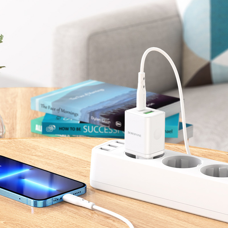 Мережевий зарядний пристрій Borofone BN7 PD 20W + QC 3.0 (1×USB-A / 1×USB-C) + кабель USB-C → Lightning White