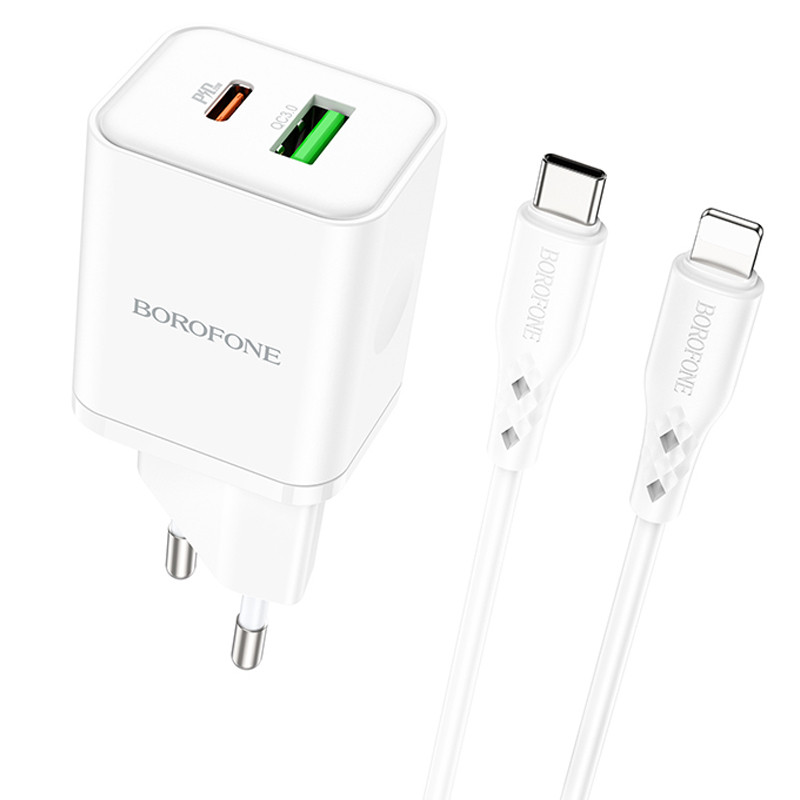 Мережевий зарядний пристрій Borofone BN7 PD 20W + QC 3.0 (1×USB-A / 1×USB-C) + кабель USB-C → Lightning White