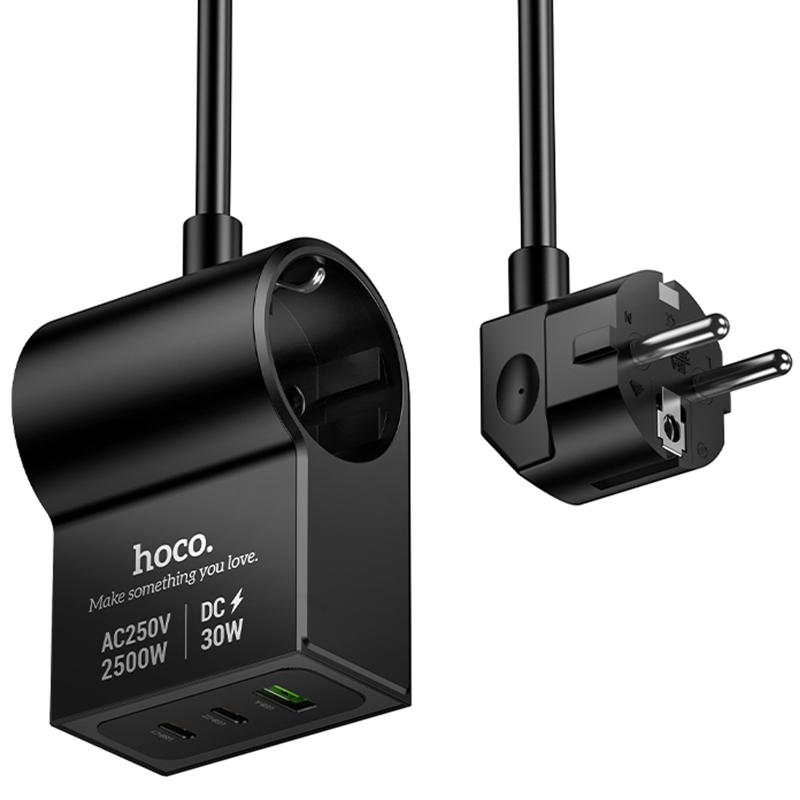 Мережевий зарядний пристрій Hoco AC33 Win 1 position 30W QC + PD (1×USB-A / 2×USB-C/1Socket) (1.5 м) Black