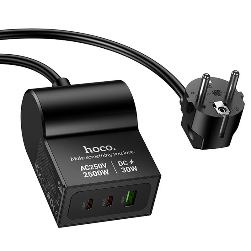 Мережевий зарядний пристрій Hoco AC33 Win 1 position 30W QC + PD (1×USB-A / 2×USB-C/1Socket) (1.5 м) Black