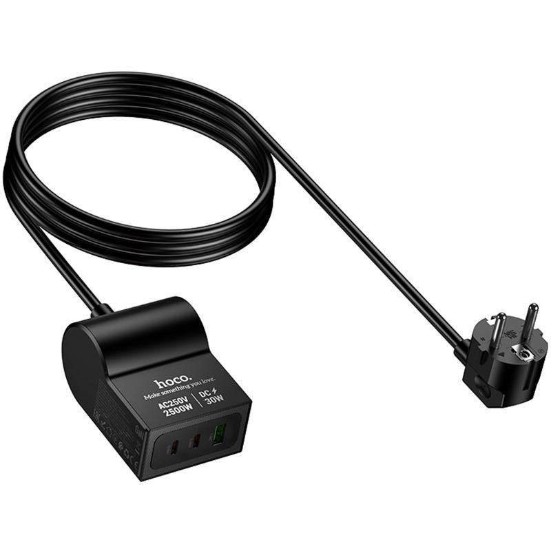 Мережевий зарядний пристрій Hoco AC33 Win 1 position 30W QC + PD (1×USB-A / 2×USB-C/1Socket) (1.5 м) Black